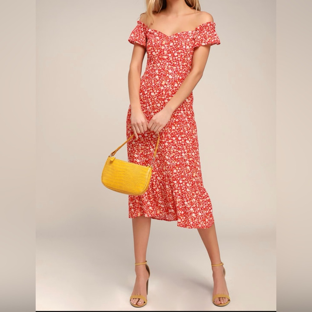 NEW Lulu's Mariana Red Floral Print Midi Dress - Size: S